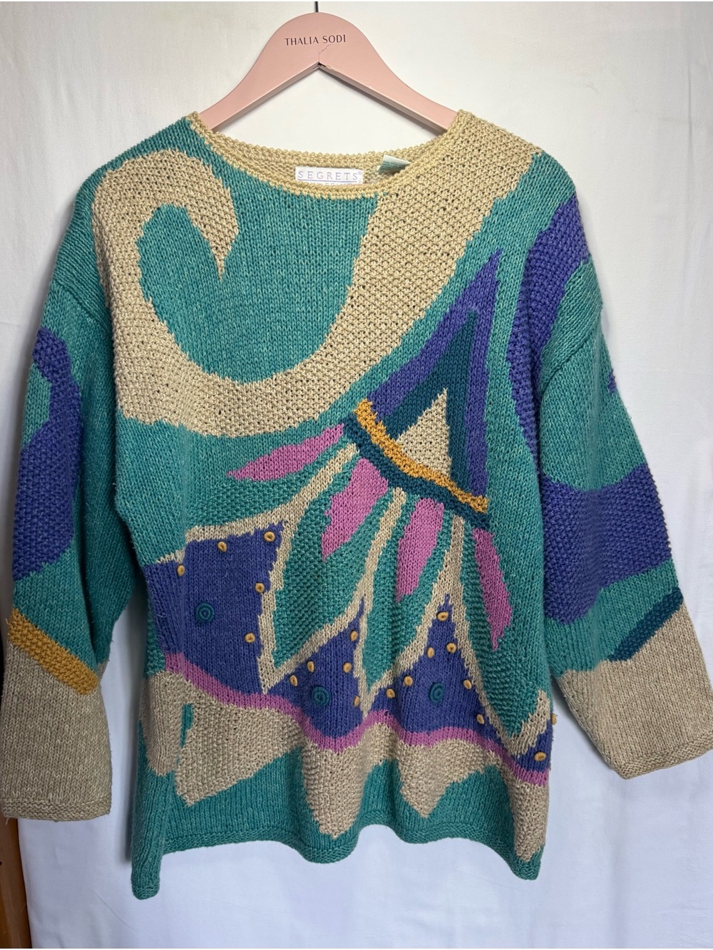 Vintage Teal & Beige Abstract Knit Sweater with Pink Accents